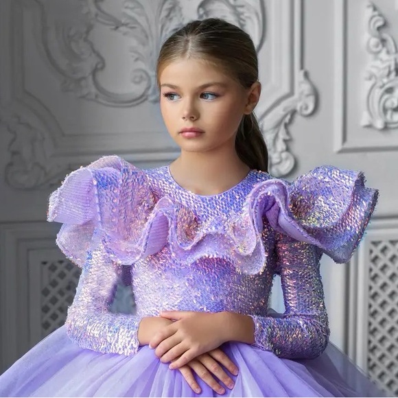 Puffy Glitter Girl Dress Tea Length Princess Flower Girl Dresses - Picture 2 of 10